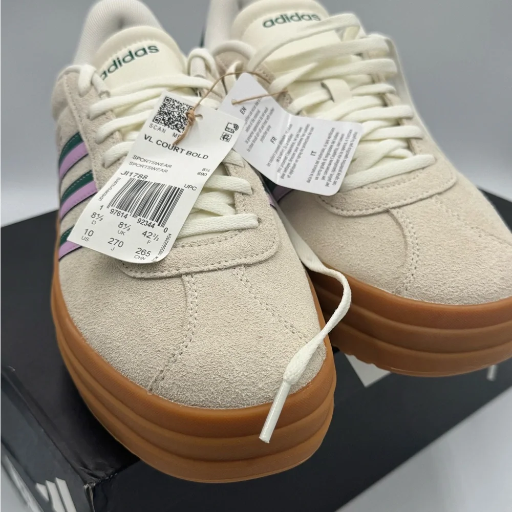 Adidas VL Court Bold Cream Sneakers with Green and Pink Stripes 10womens new - Picture 7 of 9
